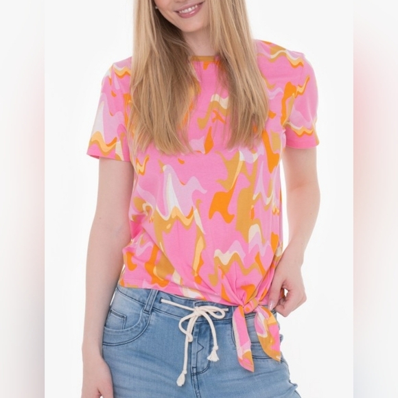 Tom Tailor Pink and Orange Camo Tie-front T Shirt S - Picture 1 of 7